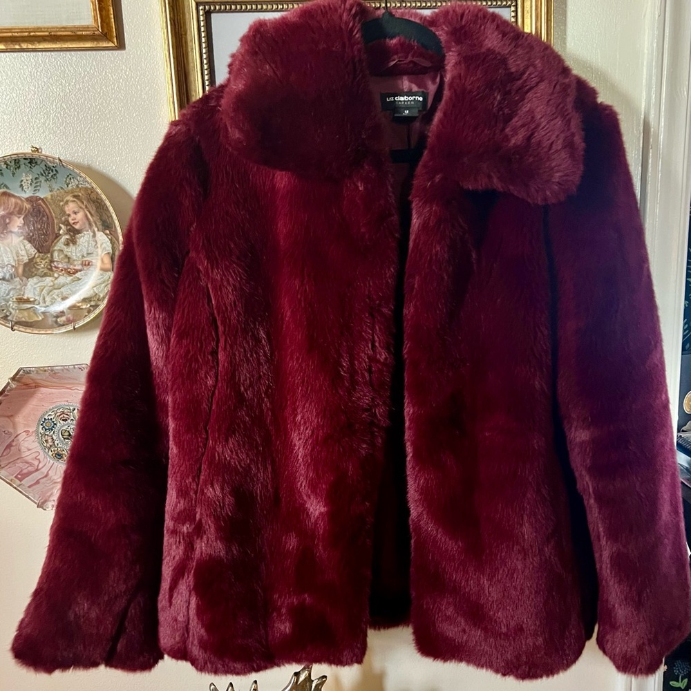 Liz Claiborne Rich Burgundy Faux Fur Jacket